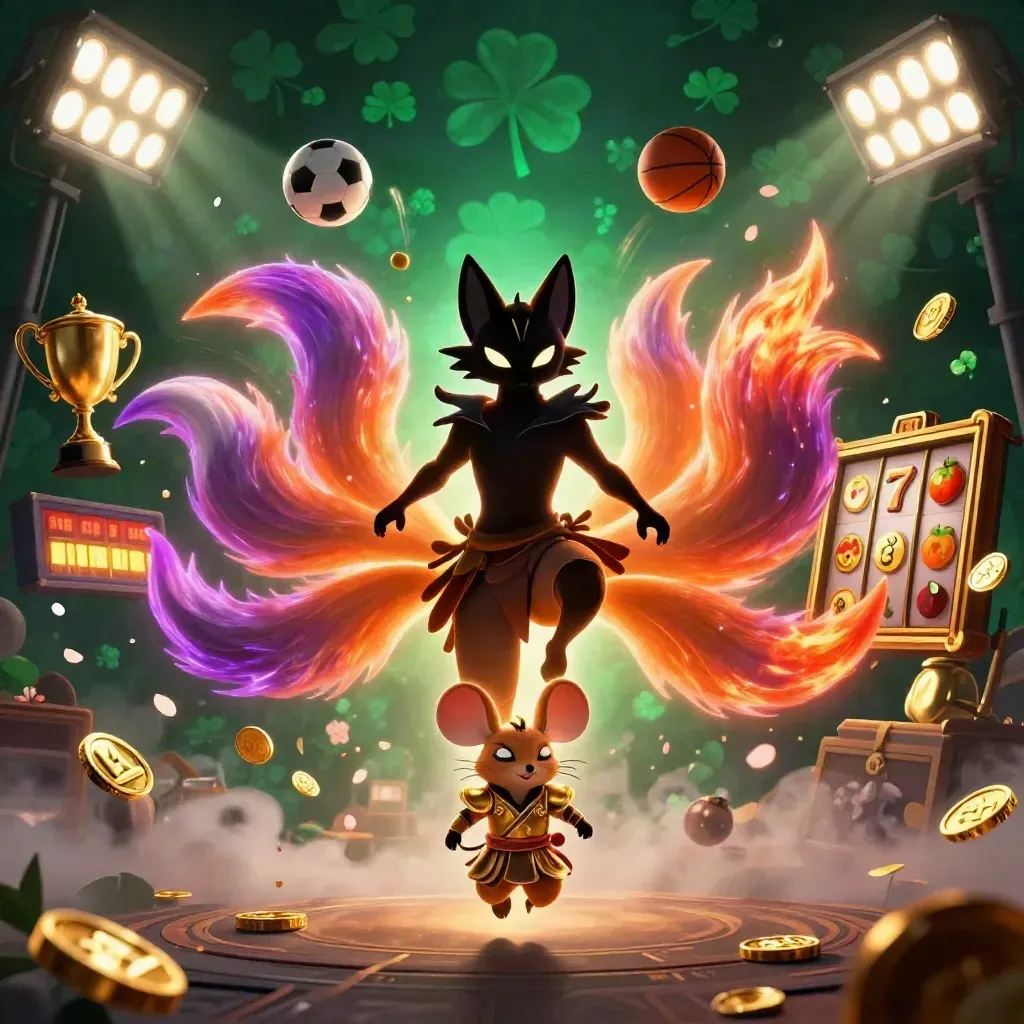 Fox spirit and armored mouse amid casino balls, coins, reels, and golden magic.