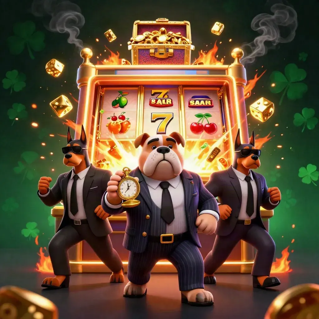 Cartoon bulldog boss and Doberman bodyguards amid exploding slot machine jackpot and gold.