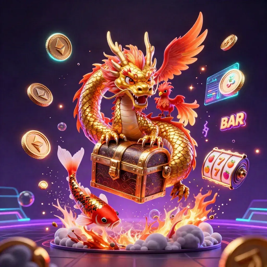 Golden dragon, phoenix, and koi explode with coins, reels, lightning, and neon magic.
