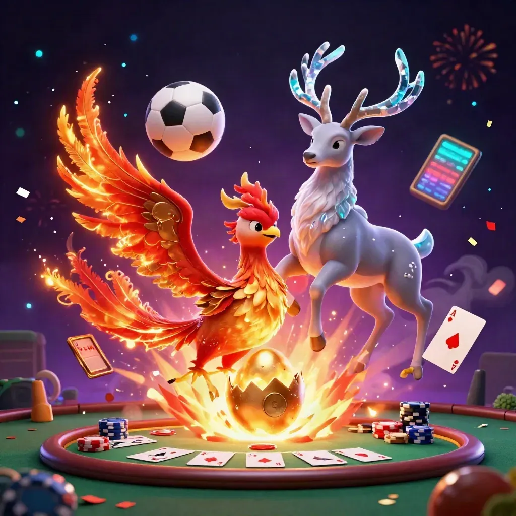 Fire phoenix, stag, and egg amid poker chips, balls, and neon casino magic