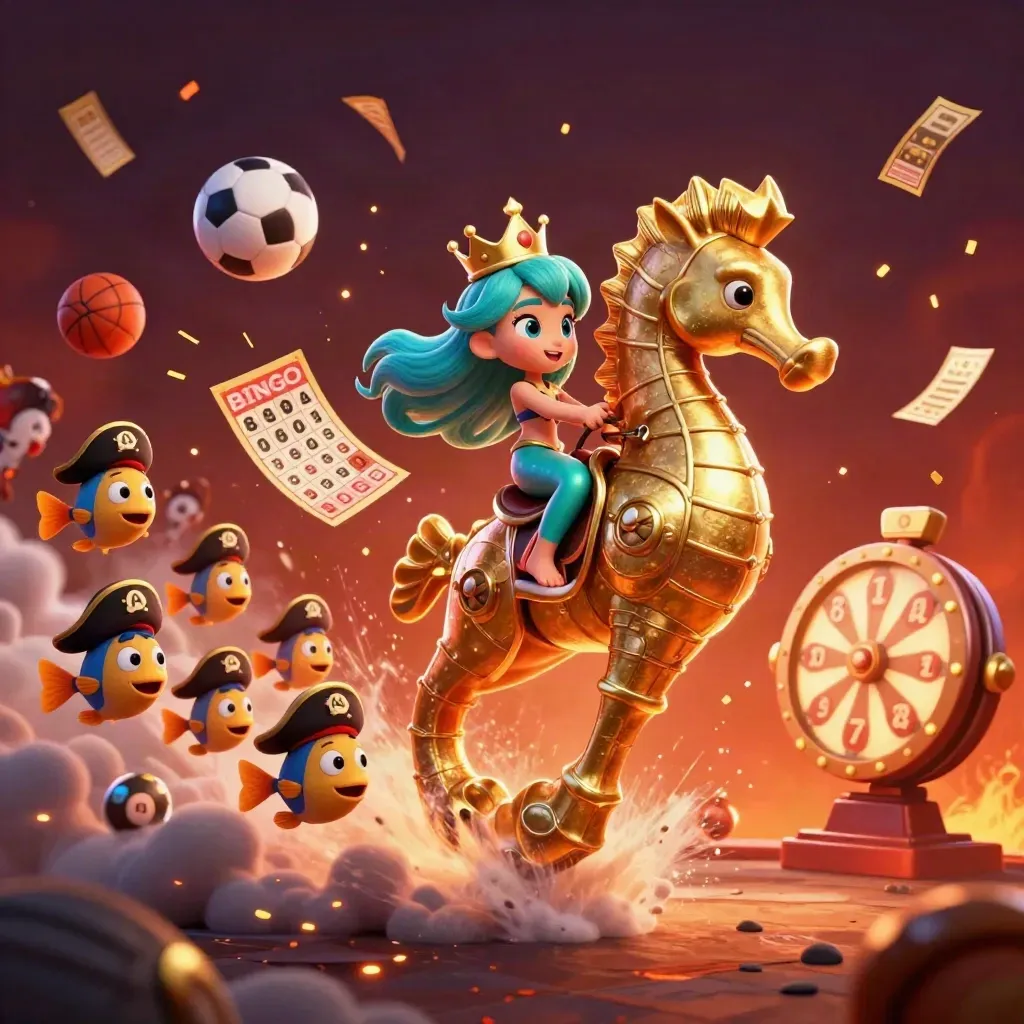 Mermaid princess on armored seahorse amid casino bursts and sports balls, ember-lit fantasy action