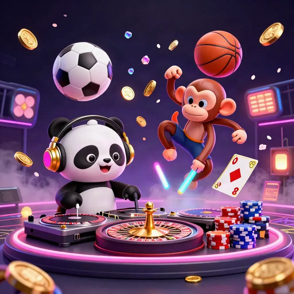 Neon casino sports chaos with a DJ panda, breakdancing monkey, glow-stick kitten, balls and chips.