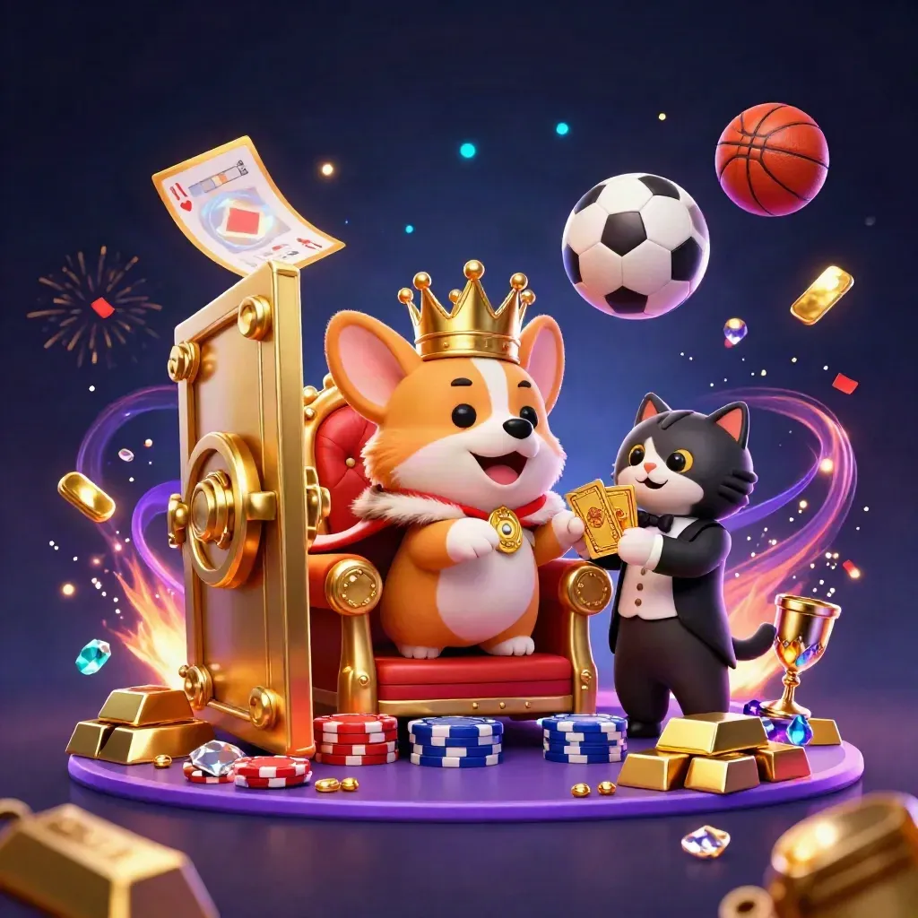 Fantasy corgi king and cat butler amid gold, balls, and magical casino sparks.