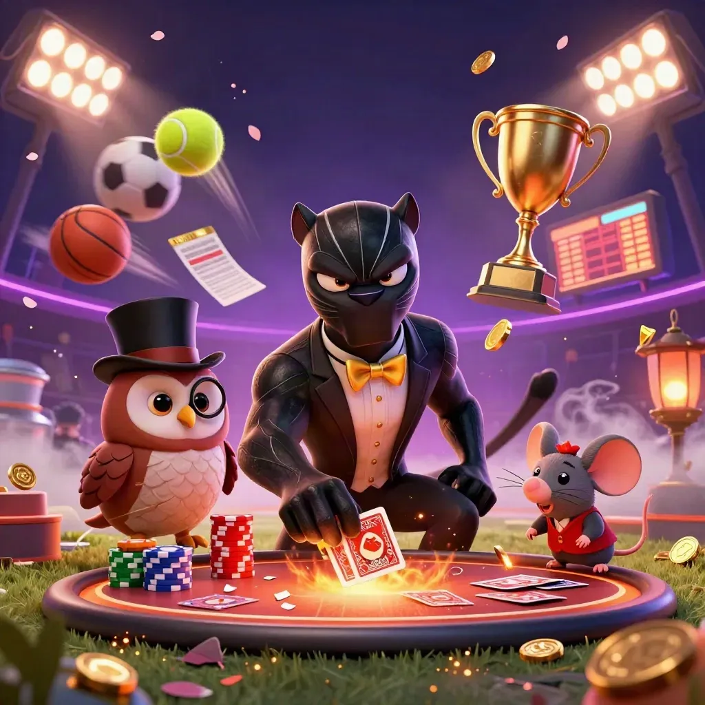 Black panther, owl and mouse amid flying sports balls, gold coins, neon lights and mystical fog.