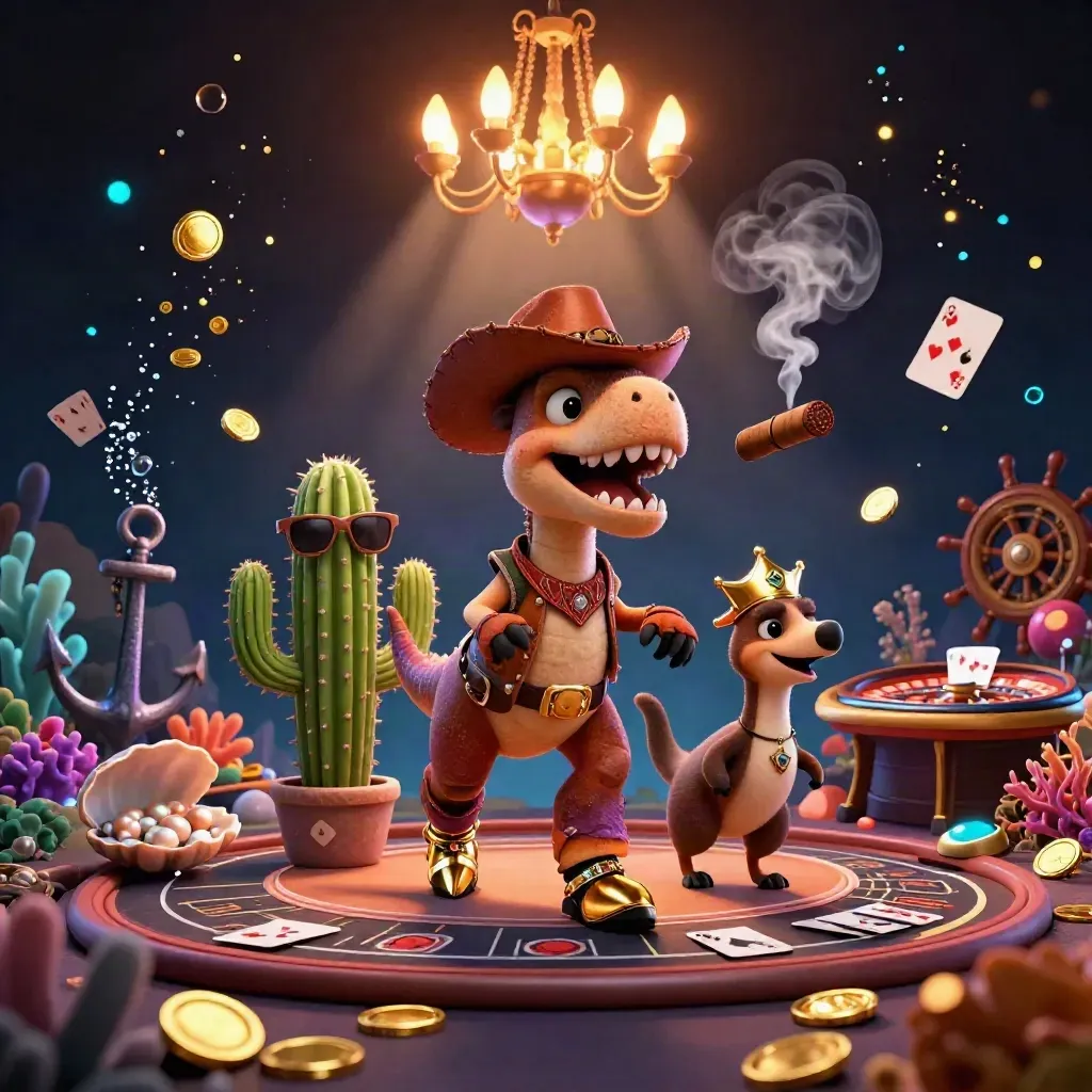 T-Rex cowboy, cactus and roadrunner in a flashy casino-treasure scene