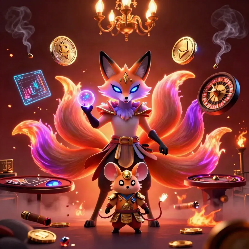 Neon fox spirit and gold-armoured mouse amid casino magic, coins, cards, and ember glow.