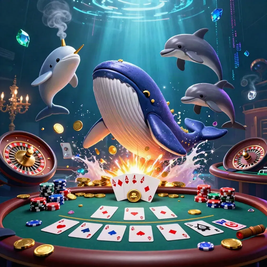Whale captain, narwhal and dolphins amid casino tables, coins and neon underwater glow.