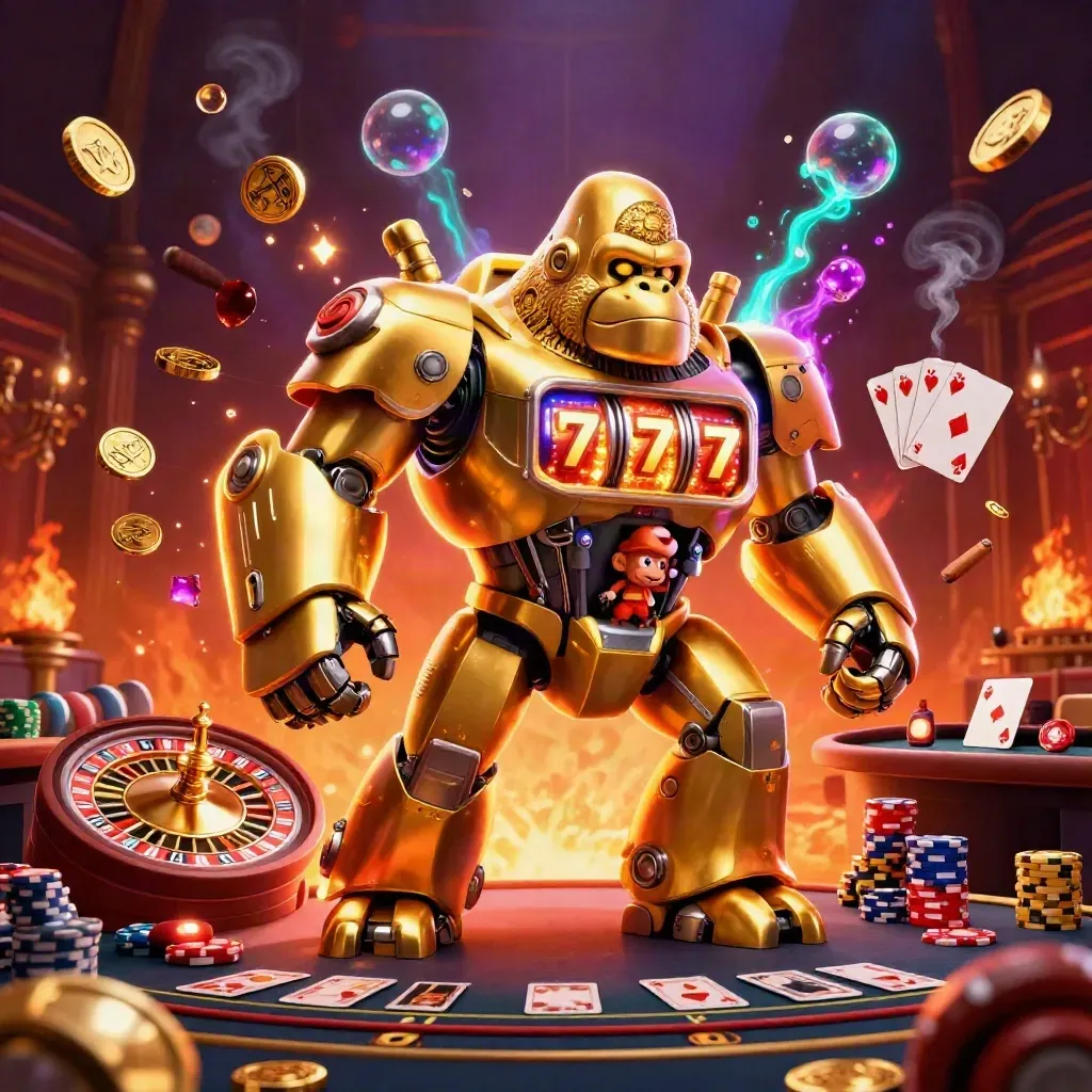 Golden gorilla mech and tiny monkey pilot amid roulette, coins, chips and neon casino magic.