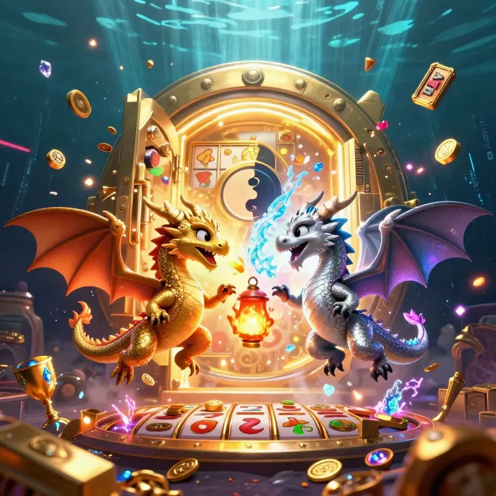 Gold and silver dragons circle a lantern spirit amid treasure, vault light, and neon casino magic.