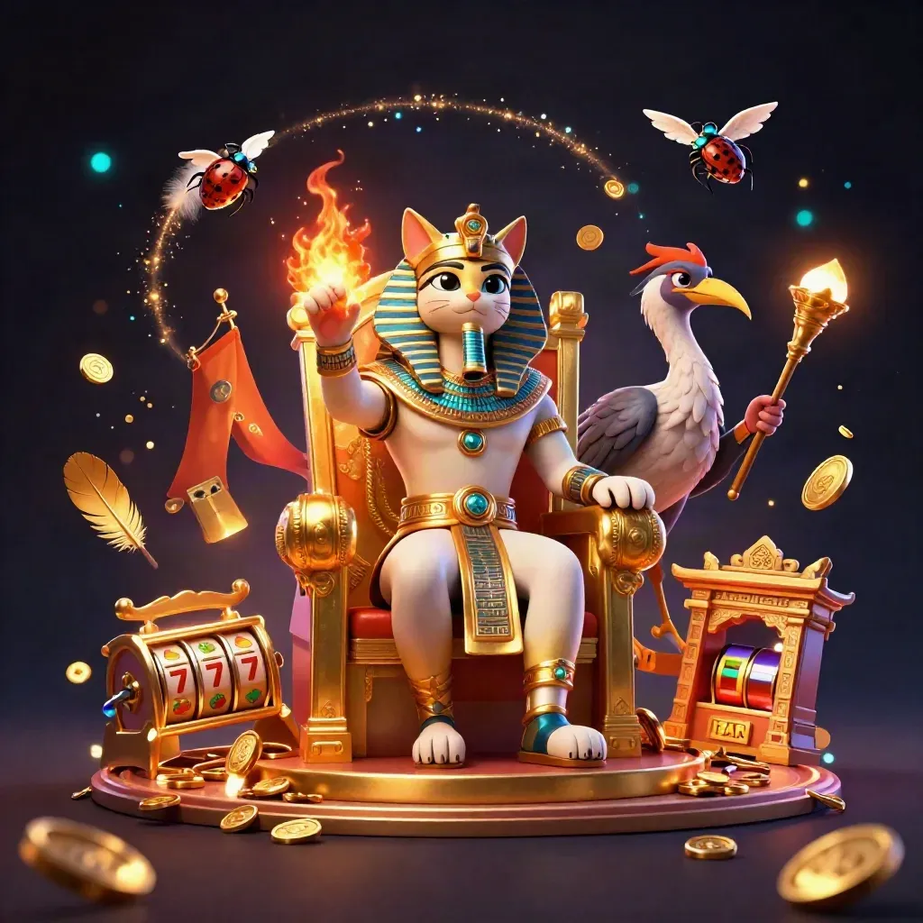 Pharaoh cat, ibis scribe, and gem scarabs burst with gold magic in neon casino fantasy