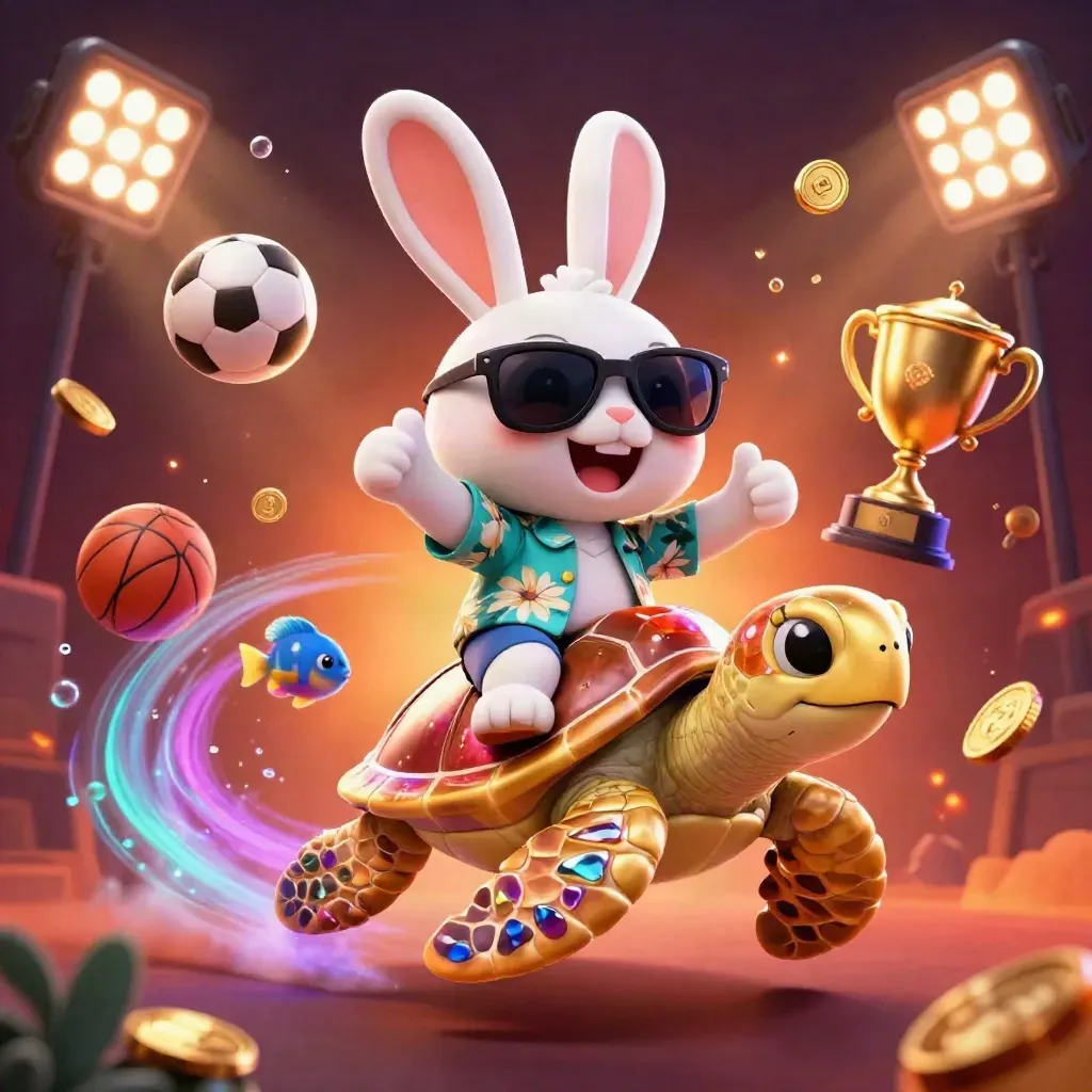 Lucky rabbit rides a gem-backed sea turtle amid casino sports balls, coins, and neon glow