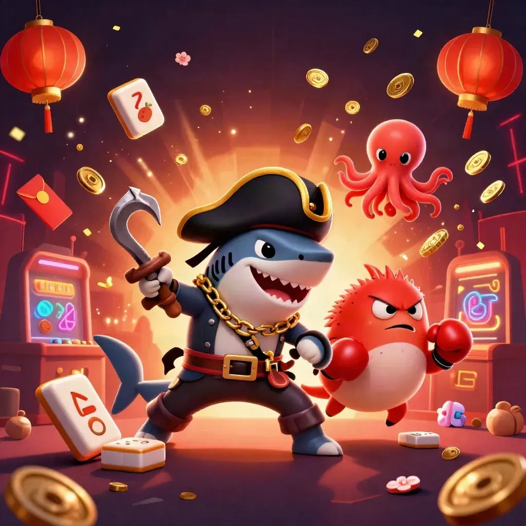 Pirate shark, boxing pufferfish, and juggling octopus burst amid gold casino magic.