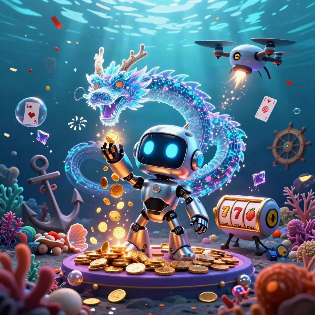 Cyberpunk robot, holographic dragon, and drone in a glowing underwater treasure cove