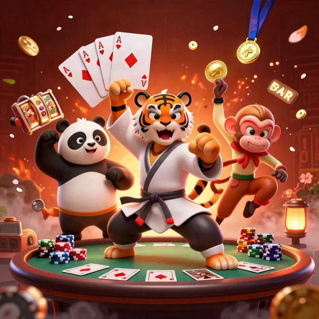 Kung-fu tiger, panda, and monkey blast casino charms amid chips, aces, reels, and ember glow.