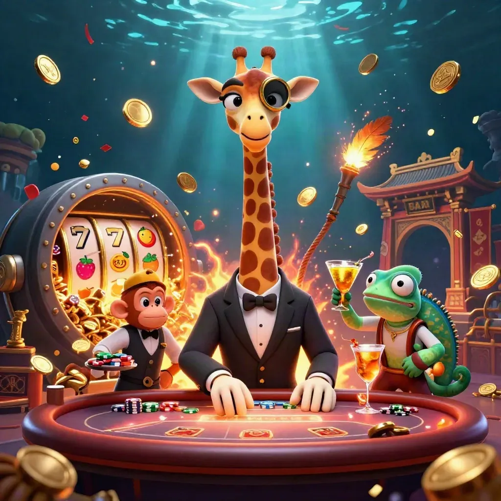 Giraffe, monkey, and chameleon celebrate amid coins, reels, fireworks, and temple lights.