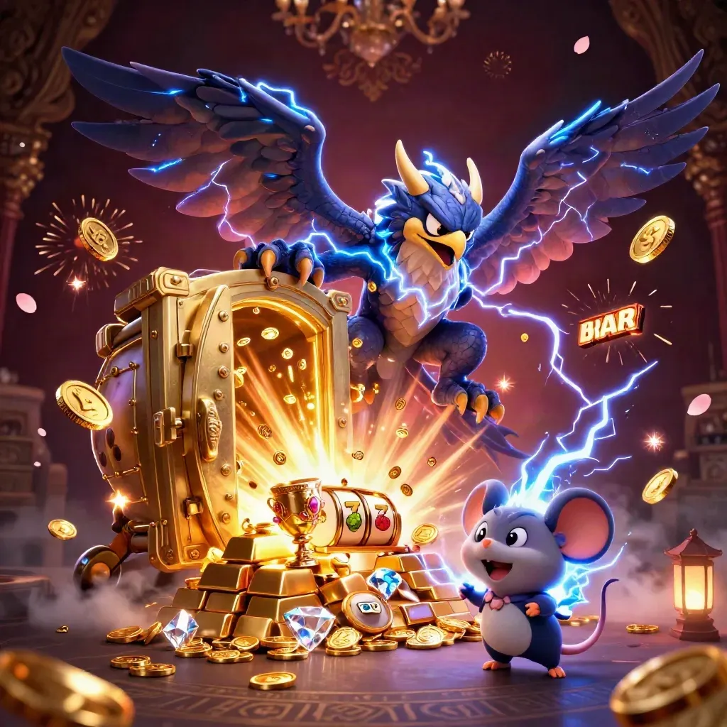Thunder dragon, wind hawk and mouse burst from a golden vault with coins, gems and fireworks.