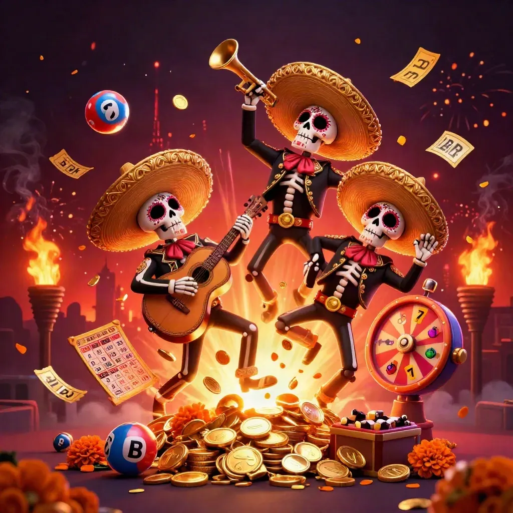 Skeleton mariachi trio amid coins, fireworks, prize wheel, bingo card, and slot symbols.