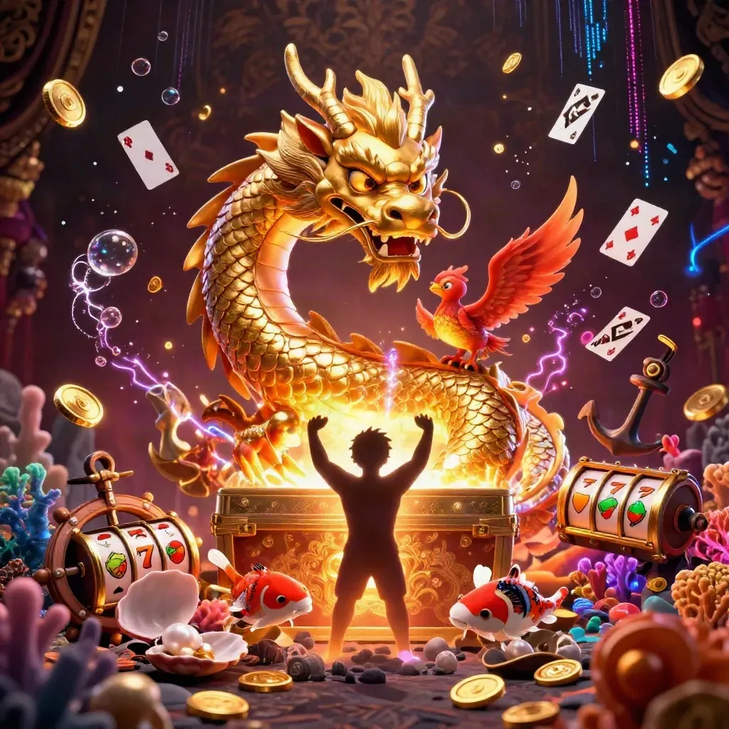 Golden dragon, phoenix and koi amid casino treasure, neon magic and dark velvet glow.