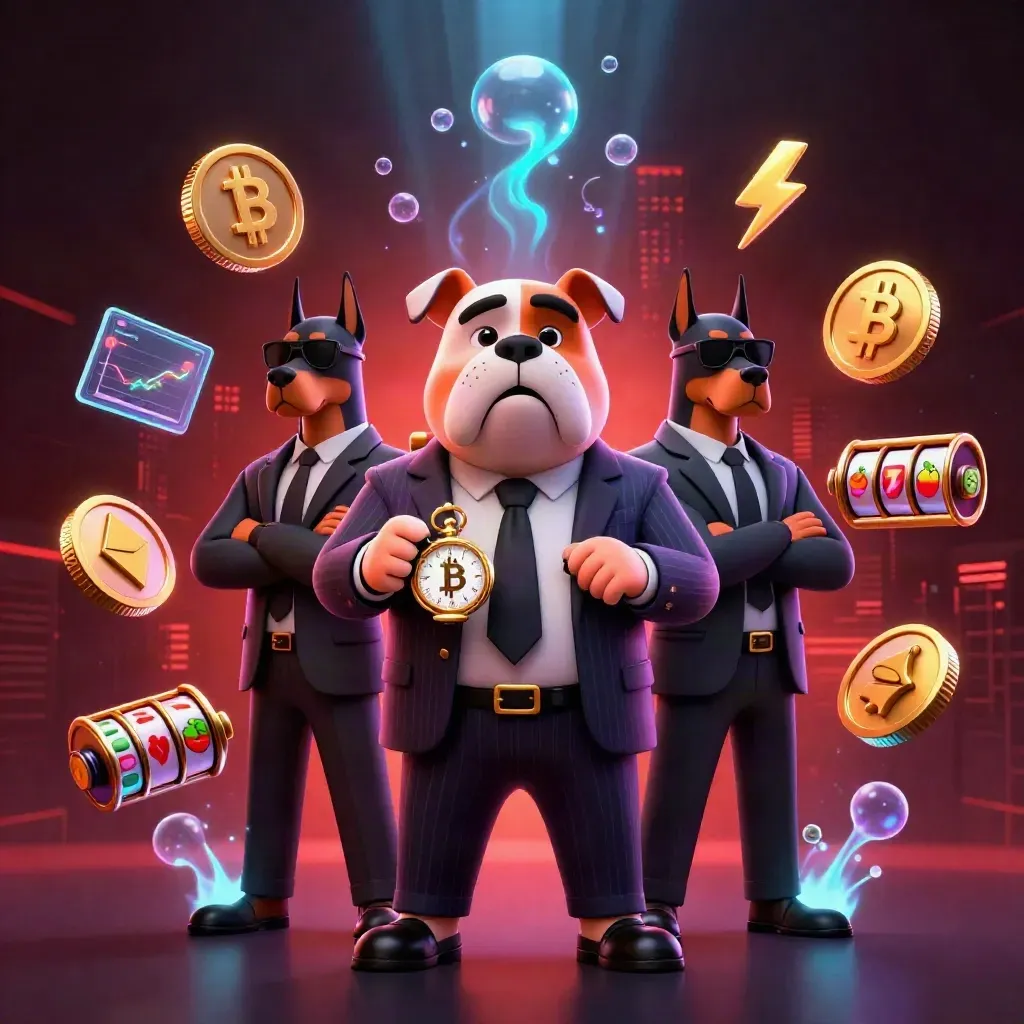 Bulldog boss with two Dobermans amid neon coins, reels, and magic casino effects