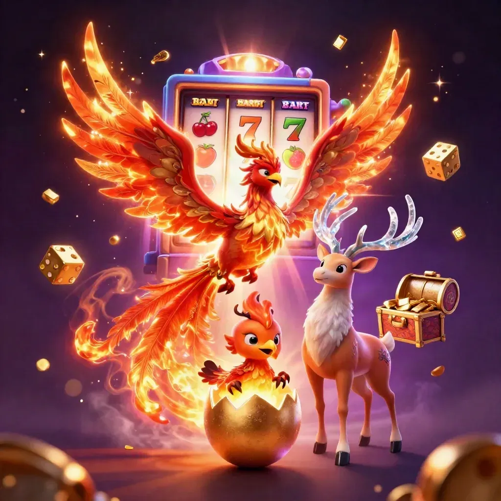 Phoenix, baby phoenix, and stag burst from a slot machine in a purple-gold casino fantasy