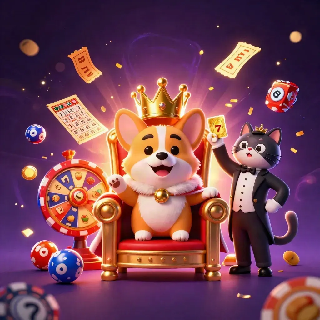 Royal corgi king and cat butler amid casino magic, chips, reels, bingo balls, and glowing gold effects.