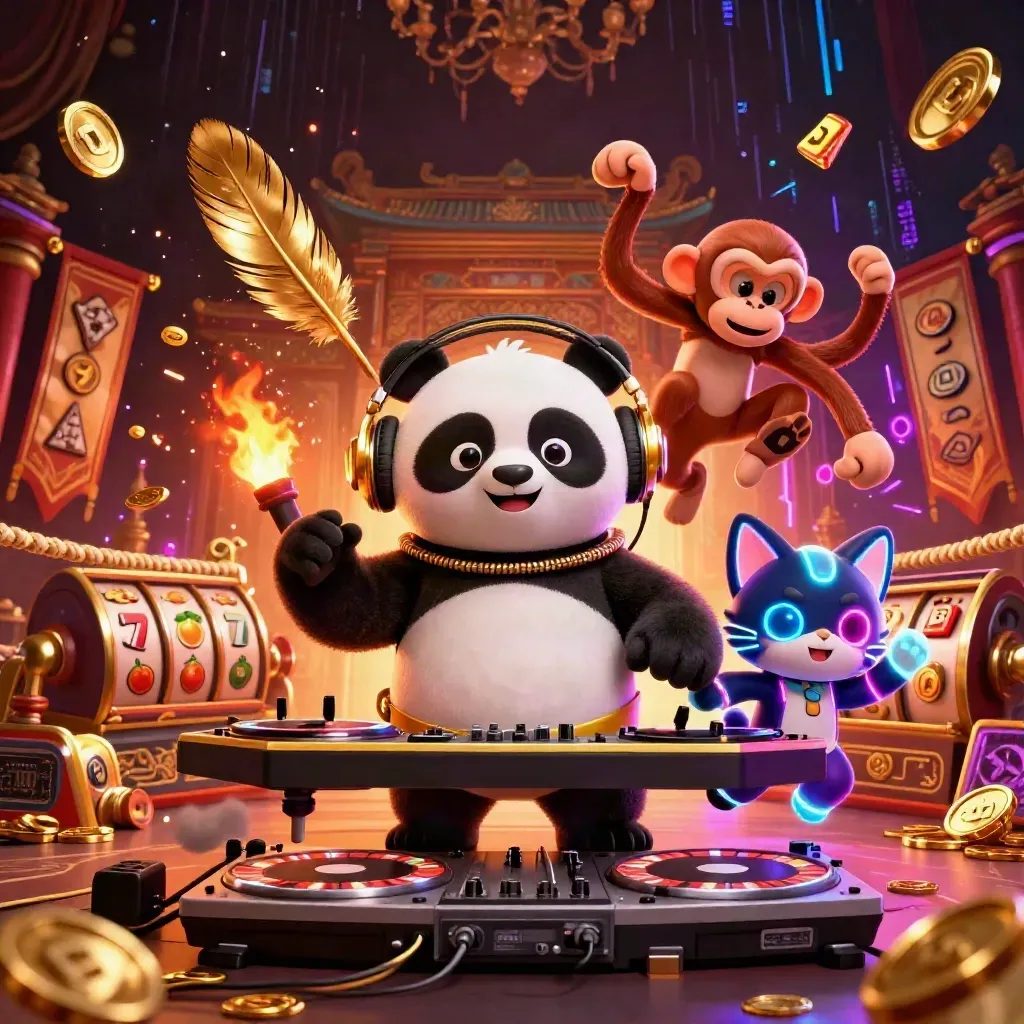 DJ panda, monkey, and glow-stick kitten amid casino magic, gold coins, reels, and neon bolts