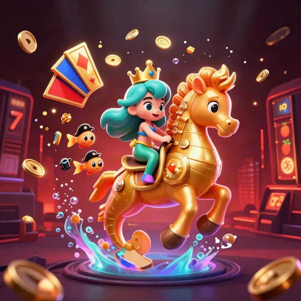 Mermaid princess on a golden seahorse amid coins, cards, chips, reels and glowing casino magic.