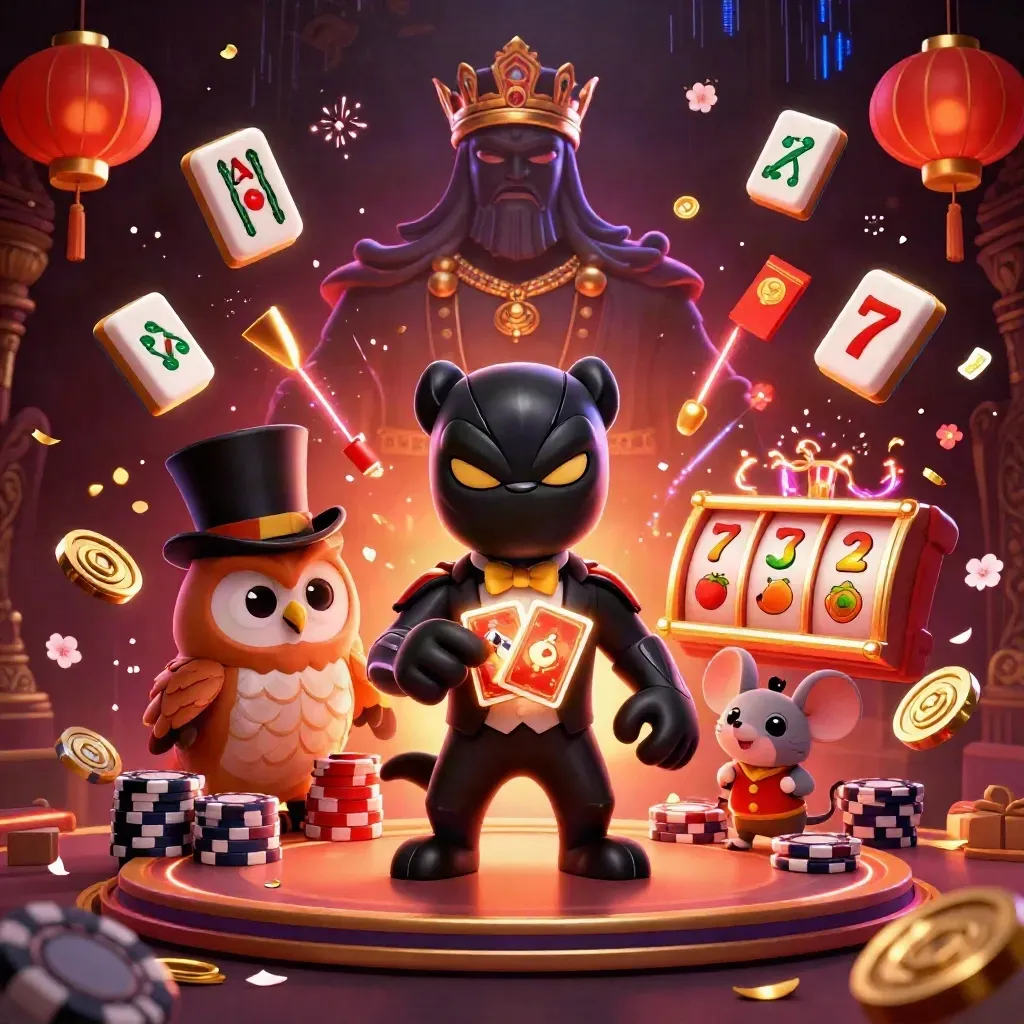 Panther, owl, and mouse amid casino magic, glowing reels, coins, lanterns, and gold sparks.